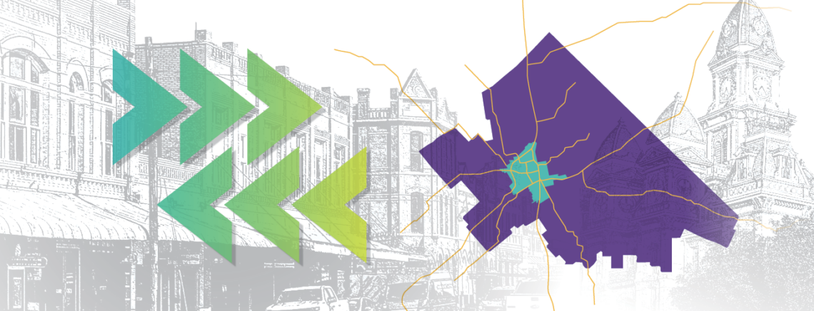 Graphic illustrating map of Lockhart within Caldwell county superimposed on graphic of downtown Lockhart street.