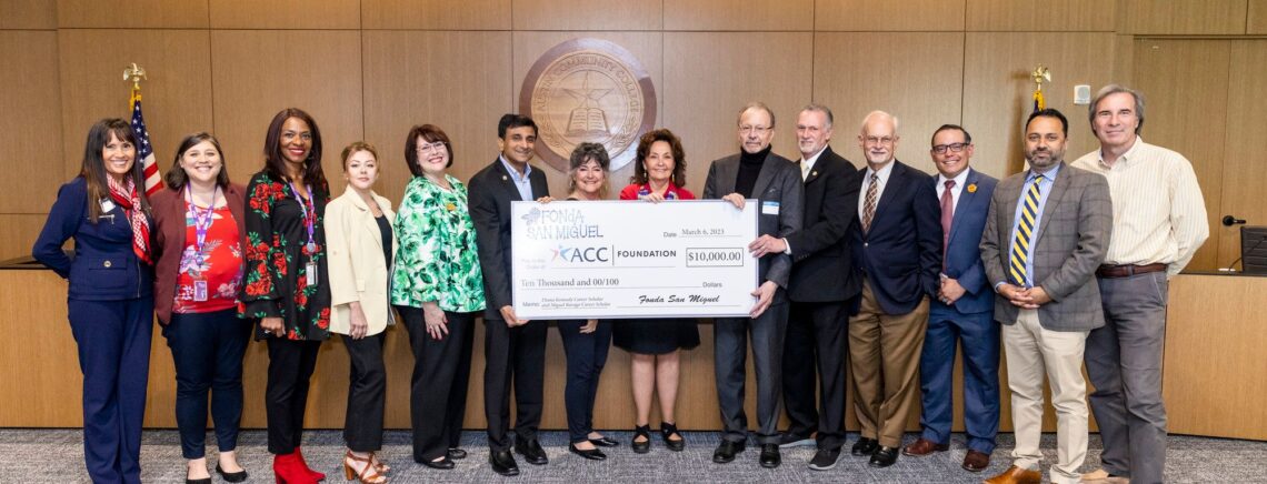 Representatives of Fonda San Miguel restaurant present the ACC Foundation with a check for $10,000.00 during the ACC Board of Trustees meeting on Monday, April 10, 2023, in building 3000 at the Highland Campus. The money will be used to offer scholarships for Culinary Arts students.