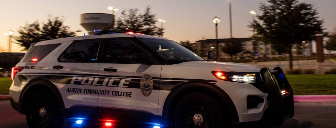 An ACC Police SUV on campus at twighlight hours
